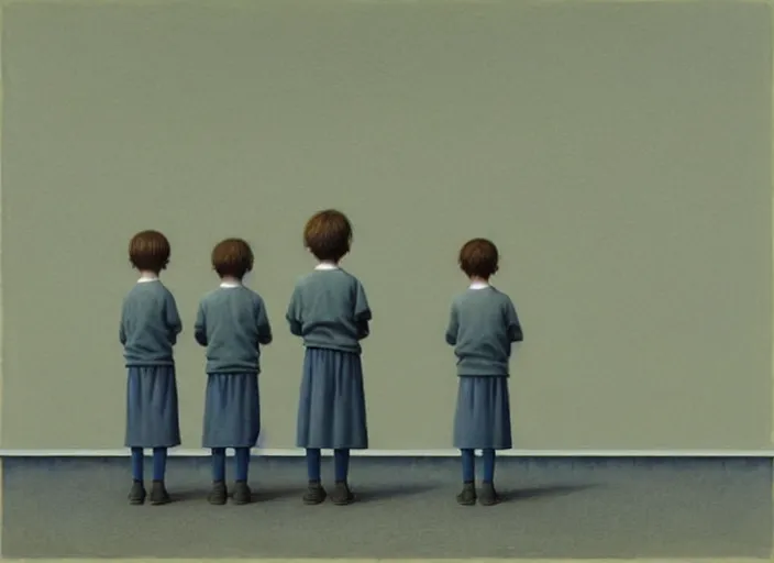 Image similar to a very boring day in school, kids faced away, all wearing identical clothes, painting by quint buchholz and ray caesar, muted colors, gray, dull, boring, low energy, pale blue faces, very detailed, very coherent