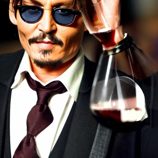 Image similar to Johnny Depp taking a sip from a megapint of red wine, photograph