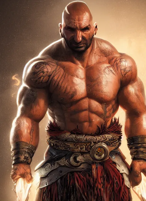 Prompt: A fantasy comic book style portrait painting of Dave Bautista as epic warrior in a stunning fantasy fortress, unreal 5, DAZ, hyperrealistic, octane render, RPG portrait, dynamic lighting