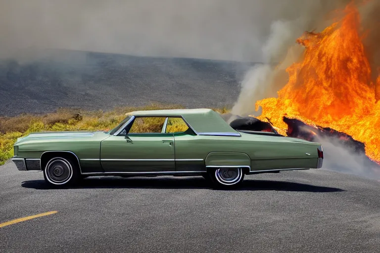 Image similar to 1969 Ford Cadillac rolling down a mountain on fire, wide shot photograph, 4k high res, high detail