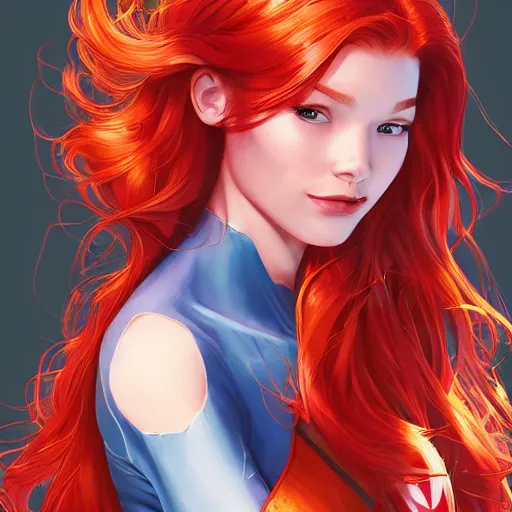Prompt: red - haired mary jane watson as spiderman girl, by artgerm, dent wu, dan mumford, beeple, wlop, rossdraws, james jean, marc simonetti, artstation giuseppe dangelico pino and michael garmash and rob rey and greg manches and huang guangjian and makoto shinkai