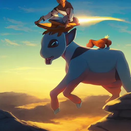 Image similar to aang from avatar the last airbender riding appa, sunset, behance hd by jesper ejsing, by rhads, makoto shinkai and lois van baarle, ilya kuvshinov, rossdraws radiating a glowing aura global illumination ray tracing hdr