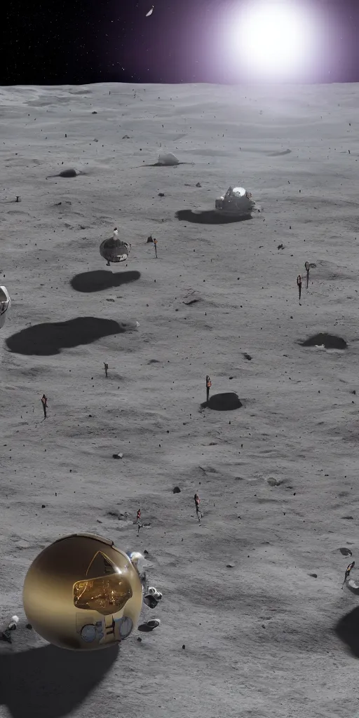 Image similar to concept art, chinese astronauts landing on the moon, backlight, background is lunar crater, earth, starry sky, meteorite crater, lunar module, f 3 2, high detail, octane rendering, unreal engine.