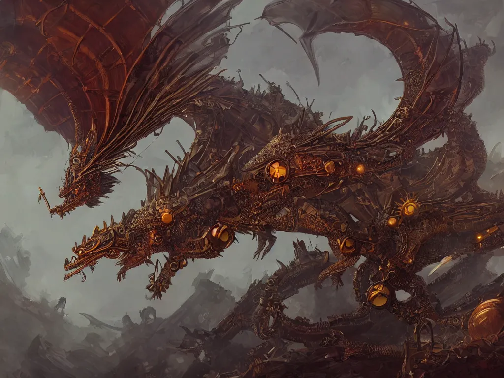 Prompt: an intimidating steampunk dragon with feathers all around it body, painting, digital art by greg ruthowski and raphael lacoste and andreas rocha, trending on artstation, 8 k, wallpaper