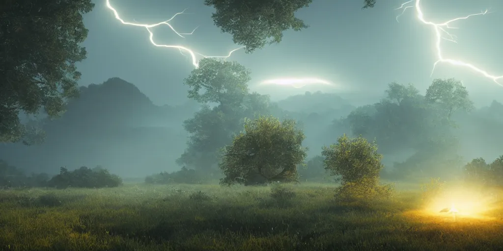 Image similar to a serene landscape with a powerful ( goddess ) of life in the middle, volumetric illumination, octane render, cinematic lightning, 8 k