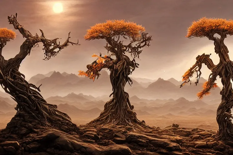 Image similar to cinematic fantasy landscape painting, primordial and cosmic, desert valley of bones, an eclipse, over an autumn maple bonsai growing alone that is yggdrasil, on a desolate sand dune in front of a primordial mountainous desert landscape of bones by and jessica rossier and hr giger, cinematic lighting