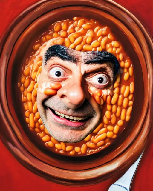 Image similar to portrait of mr bean smiling in a bowl full of baked beans, face covered in beans and tomato sauce, rowan atkinson, mr bean face, oil painting, highly detailed