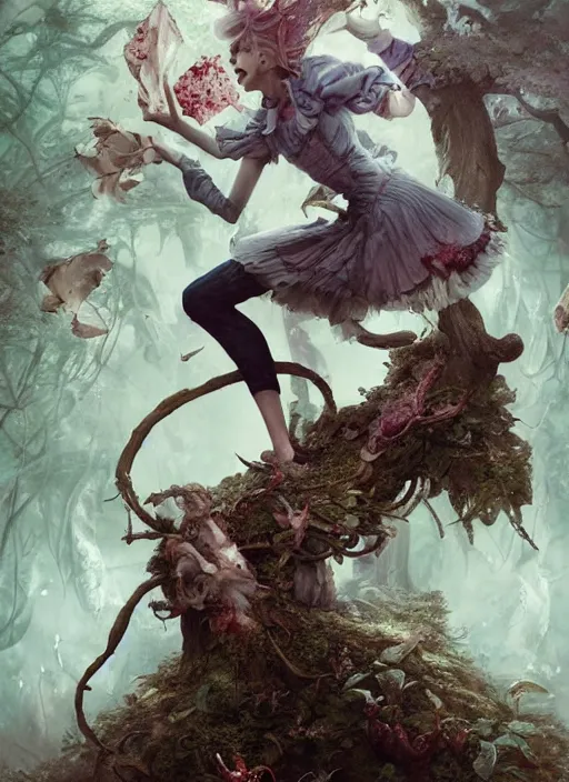 Image similar to Alice in Wonderland hunting White Rabbit,highly detailed,cinematic,8k,by Stanley Artgermm,Tom Bagshaw,Greg Rutkowski,Carne Griffiths, Ayami Kojima, Beksinski, Giger,trending on DeviantArt,hyper detailed,horror, full of colour