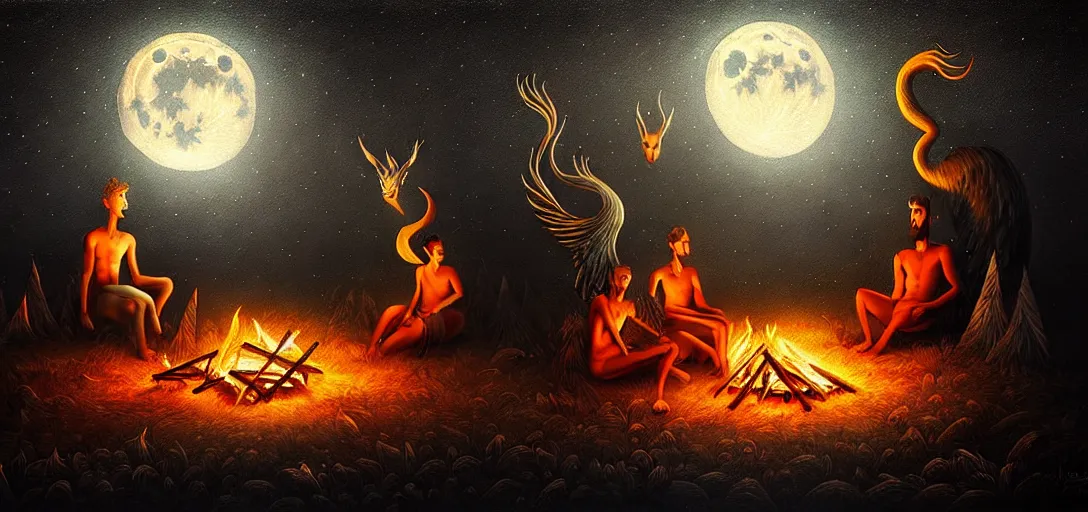 Image similar to strange mythical beasts of sitting around a fire under a full moon, surreal dark uncanny painting by ronny khalil