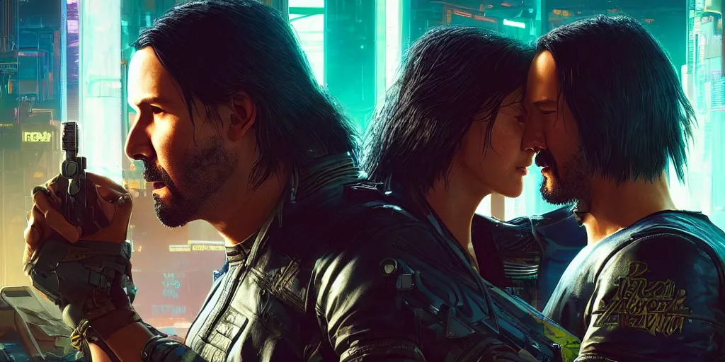 Image similar to a cyberpunk 2077 srcreenshot portrait of Keanu Reeves and V final kiss,love,film lighting,by Lawrence Alma-Tadema,Andrei Riabovitchev,Laurie Greasley,Dan Mumford,John Wick,Speed,Replicas,artstation,deviantart,FAN ART,full of color,Digital painting,face enhance,highly detailed,8K,octane,golden ratio,cinematic lighting