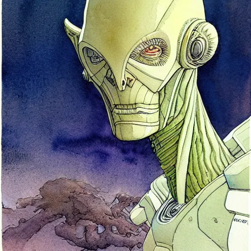 Image similar to a simple and atmospheric watercolour portrait of a pulp sci - fi alien commander, very muted colors, by rebecca guay, michael kaluta, charles vess and jean moebius giraud