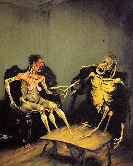 Prompt: dark fleshy figure seated next to another dark angey figure laughing in a messy living room by Francisco Goya and Francis Bacon and Jamea Jean, vibrant pueple background, mythological painting, oil painting, triadic color scheme, very coherent, Figure laughing seated on a throne made out of a beskeleton inside interior room, Beksinski painting, masterpiece, artstation