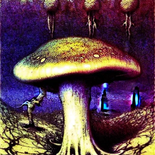 Image similar to strange mushroom by beksinski, luis royo and arthur rackham