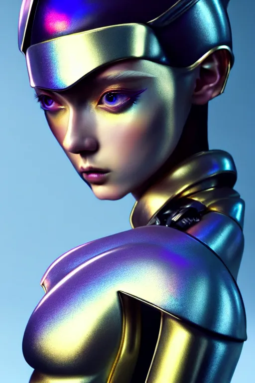 Image similar to hyperdetailed closeup portrait of a stunningly beautiful french girl androgynous made of iridescent metals, smoke, inspired by helmet newton, ross tran and wlop and masamune shirow and kuvshinov, concept art, intricate, photorealistic, octane render, rtx, hdr, unreal engine, dnd digital art by artgerm fine face