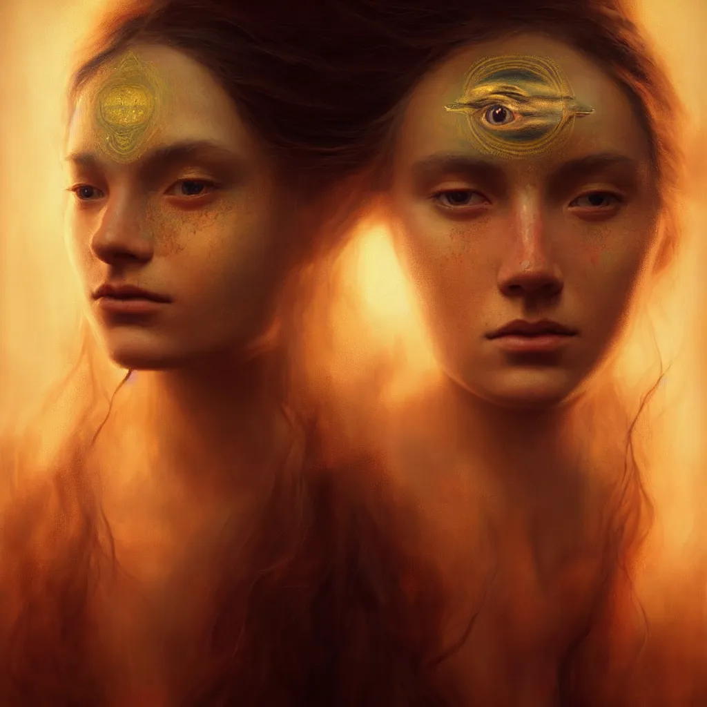 Prompt: a beautiful portrait of a goddess with the third eye on the forehead, only one face, atmospheric lighting, painted, intricate, volumetric lighting, beautiful, rich deep colours masterpiece, golden hour, sharp focus, ultra detailed, by Leesha Hannigan, Ross Tran, Thierry Doizon, Kai Carpenter, Ignacio Fernández Ríos