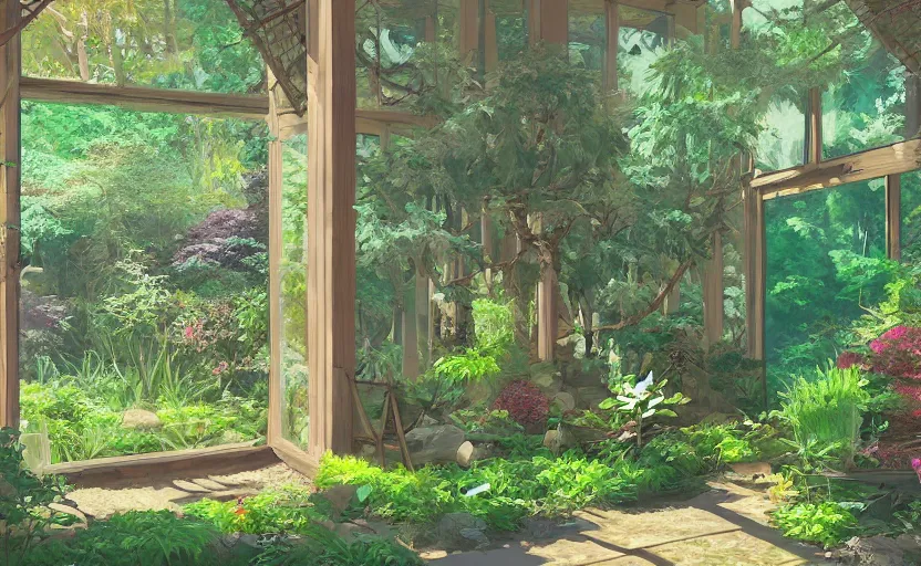 Prompt: japanese garden, forest, greenhouse, sunny bay window, indoor, highly detailed, digital painting, artstation, concept art, sharp focus, illustration