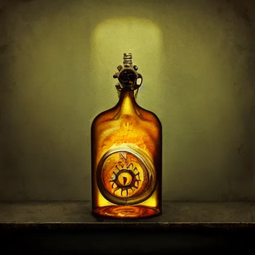 Prompt: a steampunk painting of a vintage yellow / orange potion bottle, lit by a single ray of sunlight in a dark dusty vintage science lab, by h. r. giger, hyperrealistic fantasy art, concept matte, ethereal, dreamy, digital art, trending on artstation, volumetric cinematic lighting