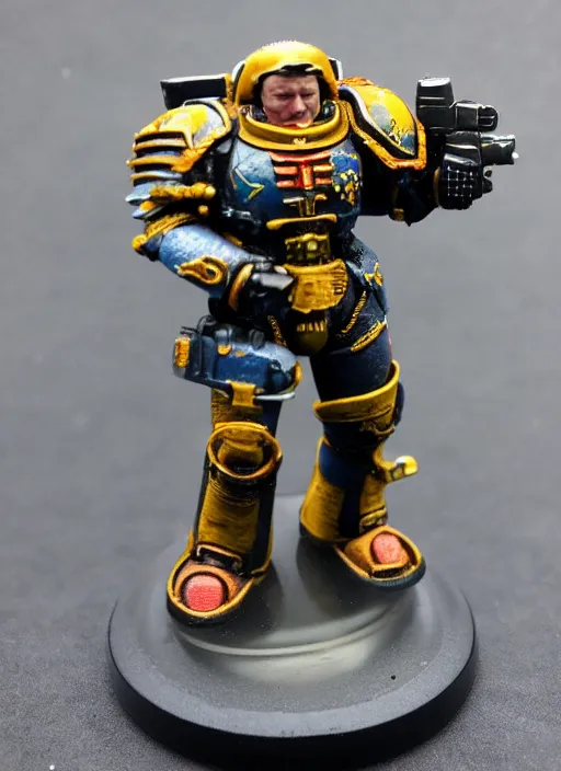 Image similar to 8 0 mm resin detailed miniature of a warhammer 4 0 k space marine, elon musk, no helmet, angry, product introduction photos, 4 k, full body,