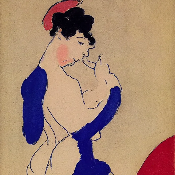 Prompt: blonde woman with scorpion. violet, cobalt blue, cherry red. henri de toulouse - lautrec, utamaro, matisse