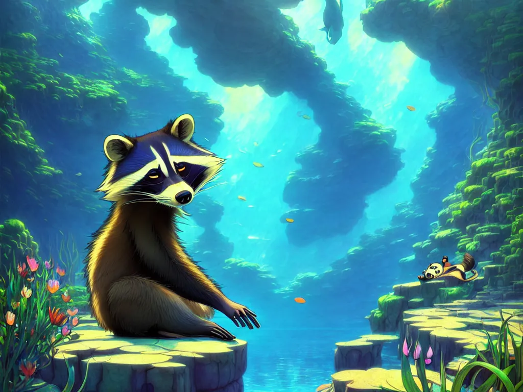 Image similar to the beautiful cartoon animation render a lovely disney raccoon, pop art, underwater world, in the style of makoto shinkai, raphael lacoste louis comfort tiffany, artgerm, karol bak, james jean, ross tran, 8 k hd, fine texture structure, 3 drender