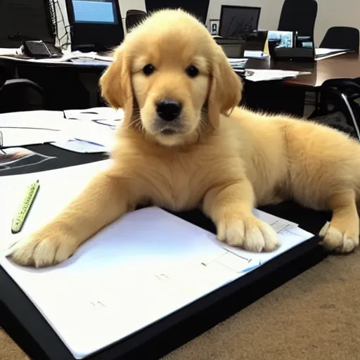 Prompt: golden retriever puppy sitting at in a boardroommeeting, looking tired, in the style of dilbert, scott adams, comic strip,