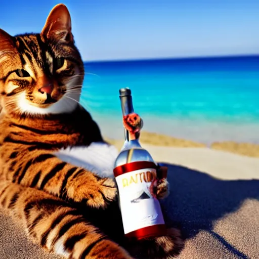 Image similar to realistic photo of an anthropomorphic cat chilling out on the beach and drinking a martini