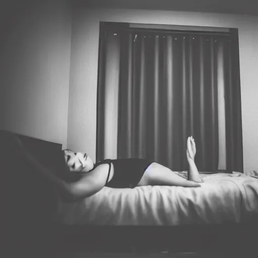 Image similar to Depressed, lazy woman lying around in dark apartment. Photography, Canon, 2020