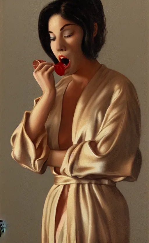 Image similar to portrait of a girl, in a silk robe, honey dripping down her top to bottom, petrolium coming out of her mouth, hyperrealistic, hightech