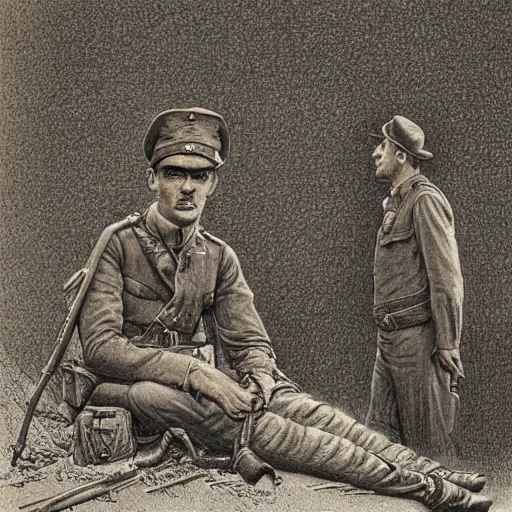 Prompt: a detailed photorealistic sepia - toned color line drawing of a 1 9 1 7 worried clean - shaven british lieutenant in detailed field gear not wearing a hat in wadi rum, ultra realistic, painted, intricate details, lovecraft, atmospheric, dark, horror, brooding, highly detailed, by clyde caldwell