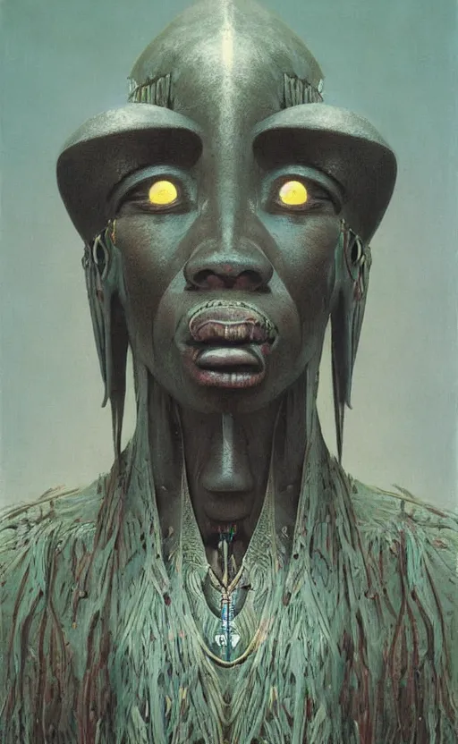 Prompt: portrait of futuristic african tribal chief, insibidi symbols, symmetrical, dramatic lighting, art by zdzislaw beksinski,