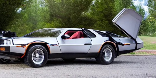 Image similar to a single delorean and 1 9 6 9 dodge charger hybrid, dslr