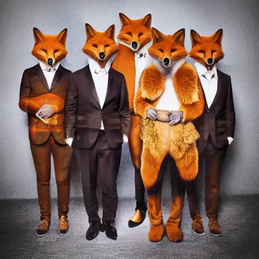 Prompt: music album cover, with foxes animals dressed in suits and sunglasses, holding guitars, all looking at camera, studio lighting, 8 5 mm f / 1. 4