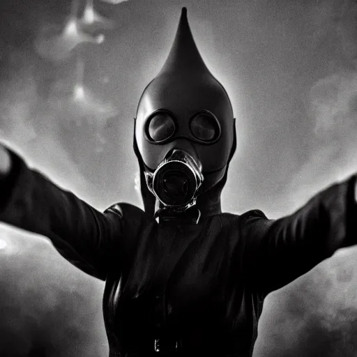 Prompt: agent woman with white suit, she wear gasmask, in mordor, standing close to Sauron's eye, fire raining, professional photography, black and white, cinematic, eerie