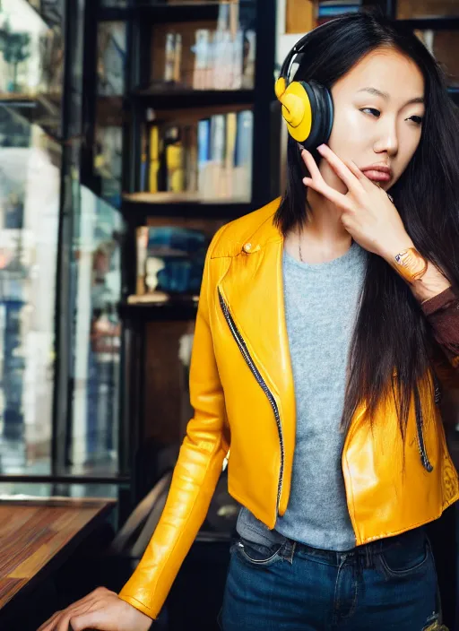 Prompt: young adult asian woman in a coffee shop wearing bright yellow headphones and a leather jacket looking unamused, natural light, magazine photo, 5 0 mm