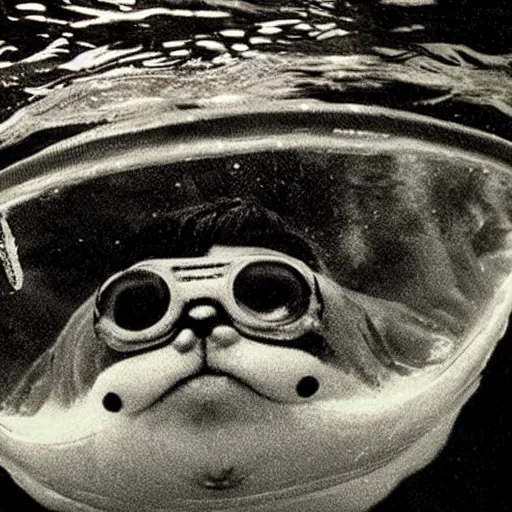 Prompt: fat cat head underwater like in jaws poster,