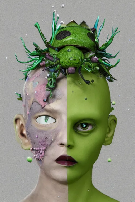 Image similar to nonbinary model, subject made of cracked clay, vine headdress, shinigami, moss patches, 2 0 mm, with pastel yellow and green bubbles bursting out, melting into bulbasaur, delicate, beautiful, intricate, houdini sidefx, by jeremy mann and ilya kuvshinov, jamie hewlett and ayami kojima, bold 3 d