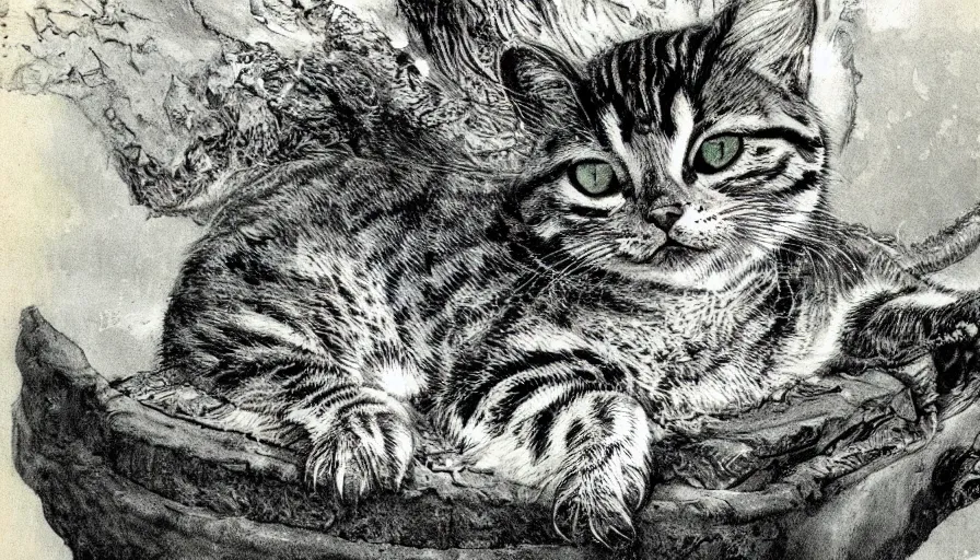 Prompt: bernie wrightson tabby cat morphed with alligator swimming pool sepia tone