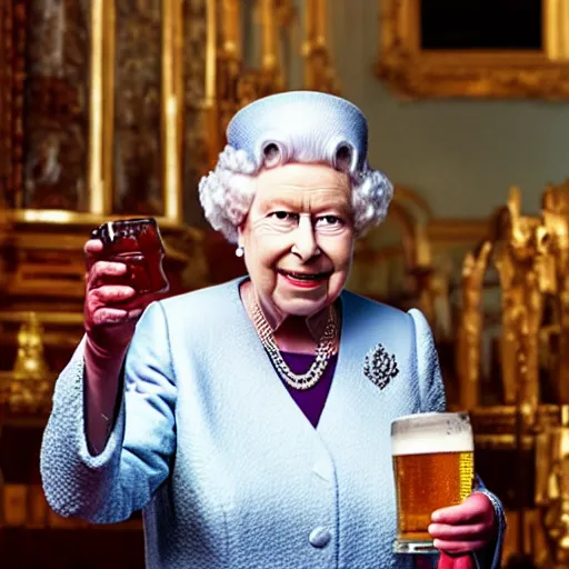 Prompt: the queen of england drinking a beer