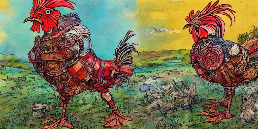 Image similar to colorful illustration of a fully armoured mechanical rooster in a farm landscape, steampunk, mix of styles, hand painted, hand drawn, sharp focus