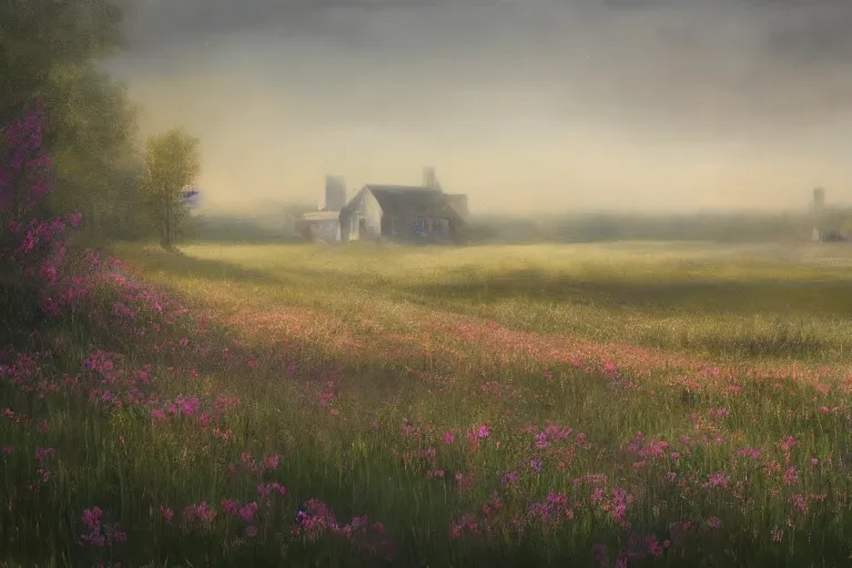 Image similar to a matte painting of a manitoba canada prairie, cottages, foggy, patchy flowers, oil painting, pale colors, high detail, 8 k, wide angle, trending on artstation,