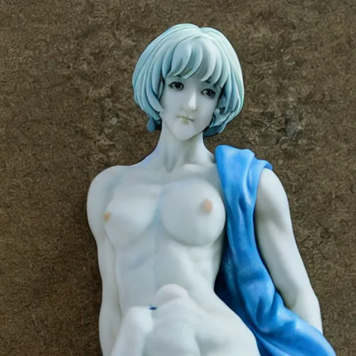 Prompt: renaissance marble statue of kawaii rei ayanami kneeling relaxed wearing a flowing tunic