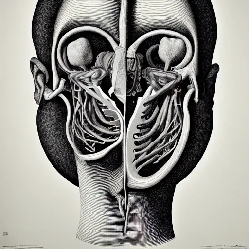 Image similar to surreal lung head anatomical atlas dissection center cut, lithography on paper conceptual figurative ( post - morden ) monumental dynamic soft shadow portrait drawn by hogarth and escher, inspired by goya, illusion surreal art, highly conceptual figurative art, intricate detailed illustration, controversial poster art, polish poster art, geometrical drawings, no blur