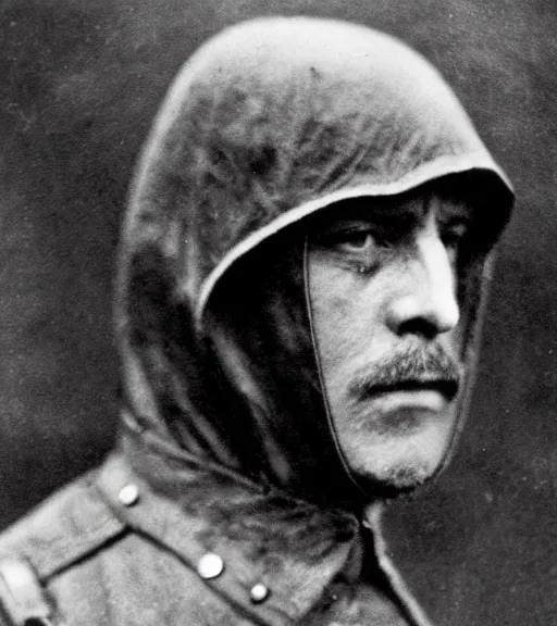 Image similar to a man at wearing iron full face hooded mask in distance, ww1 film photo, grainy, high detail, high resolution