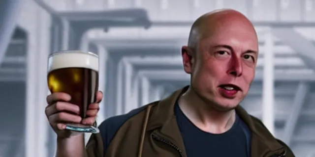 Image similar to bald elon musk in a tracksuit drinking beer in filthy trailer, by ken loach