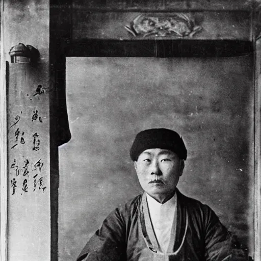 Prompt: Portrait of a 19th century Chinese man in an old traditional Chinese medicine store, 1900s photography