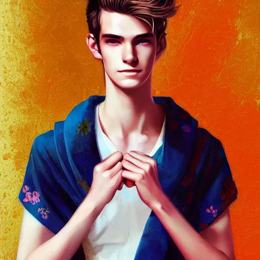 Image similar to colorful Captivating teenage boy with brown blond very short quiff hair and facial structure like andrew garfield, brown eyes with red eye markers, slim body, wearing a detailed Japanese kimono with golden details, atmospheric lighting, painted, intricate, 4k, highly detailed by Charlie Bowater