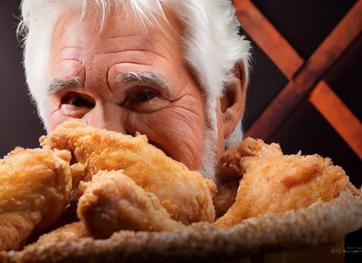 Prompt: photo still of kenny rogers in a fried chicken pit!!!!!!!! at age 4 6 years old 4 6 years of age!!!!!!!! hiding from parents, 8 k, 8 5 mm f 1. 8, studio lighting, rim light, right side key light