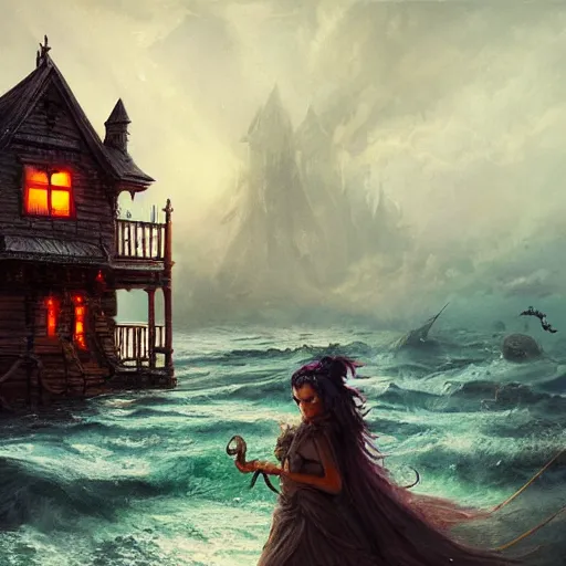 Prompt: realistic scary witches in front of a candy witch house, floating on the ocean, epic scene, fantasy, cinematic, hyper - detailed, in the style of greg rutkowski