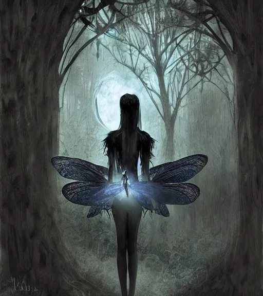 Image similar to gothic fairy with dragonfly wings, digital painting, liminal eerie midnight backlit, a picture taken by Michael Komarck and Daniel Ljunggren