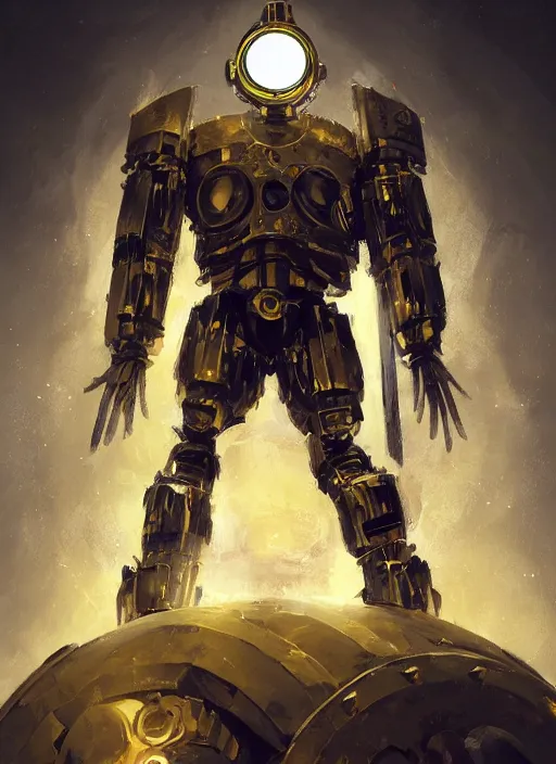 Image similar to full body, attack position abstract portrait of a intricate glorious holy mechanical warforged with circular glowing eye, character in yellow armor holding a paladin engraved great longsword drawn and carrying a big paladin shield, vertically flat head, face in focus, pit droid, epic , trending on ArtStation, masterpiece, cinematic lighting, by Ross Tran and by Greg Rutkowski
